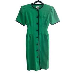 Vintage 80s Secretary 1980s USA Green Satin Dress Short Sleeve, Size 4